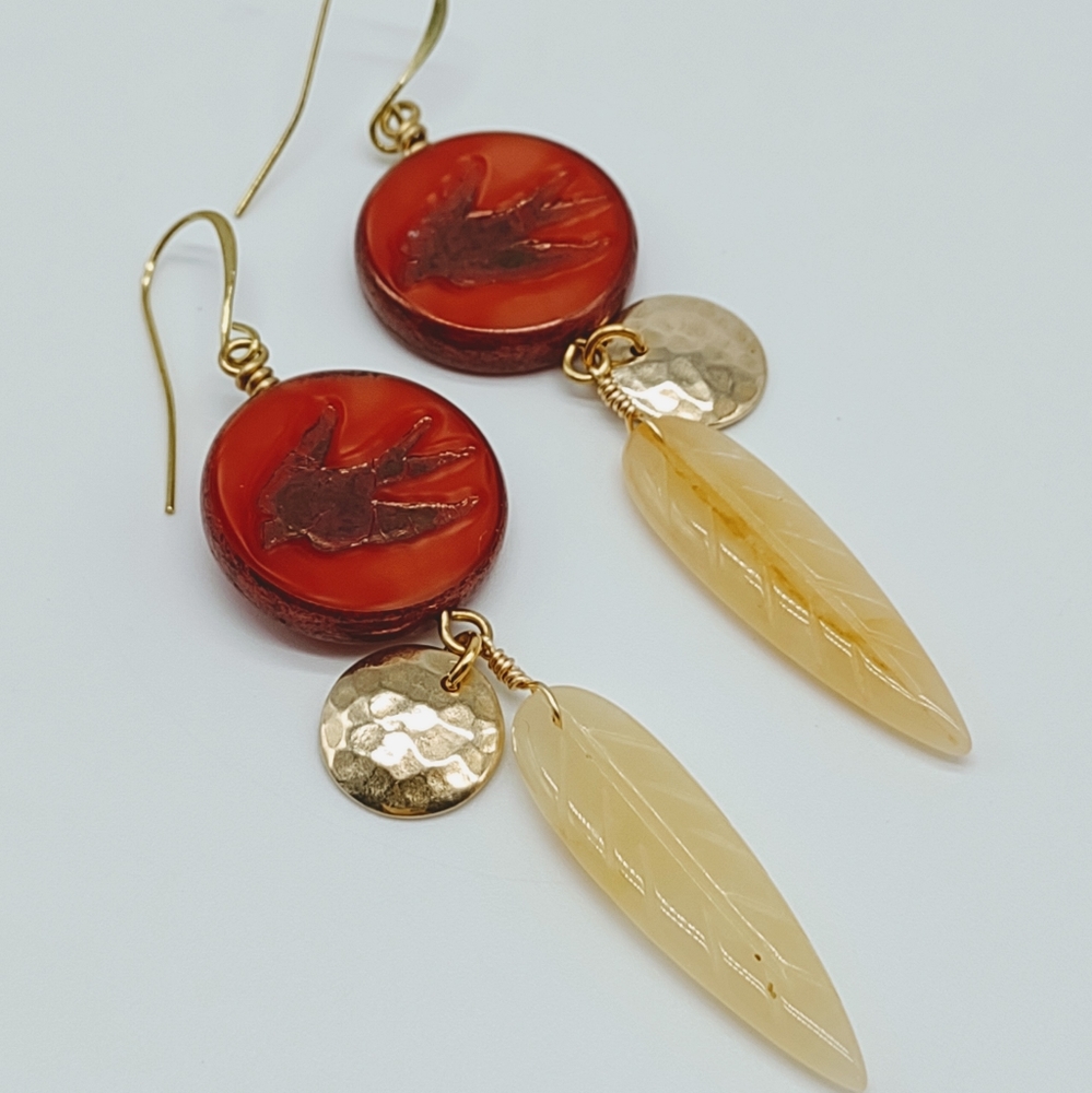 Boho Czech Glass Carved Leaf Earrings